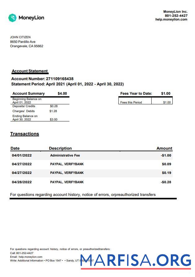 Printable USA California MoneyLion bank statement word template